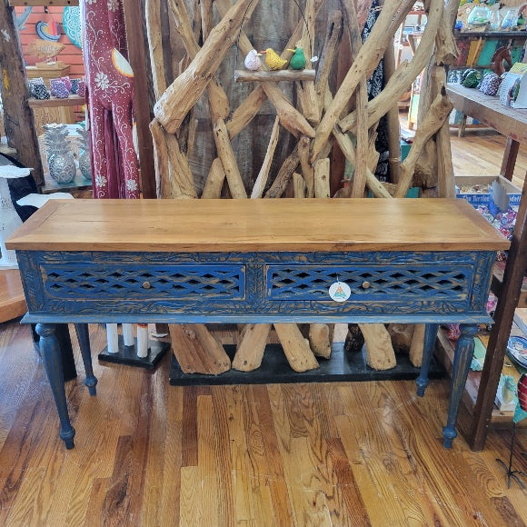 Console Table Teak and Carved Wood Blue