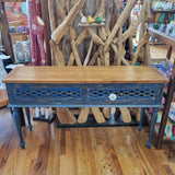 Console Table Teak and Carved Wood Blue